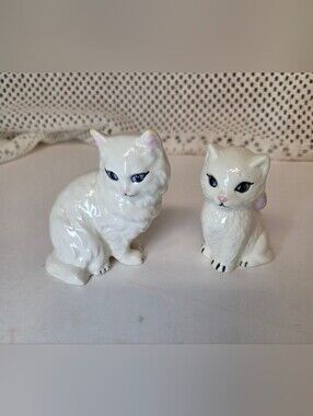 Vintage White Ceramic Cat Figurine Pair with Hand-Painted Accents